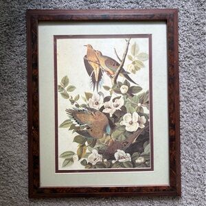 Vintage Bird and Floral Art Print in Brown Frame